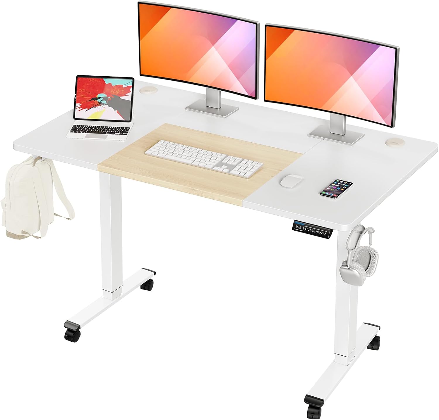 Electric Height Adjustable Standing Desk - White + light Oak