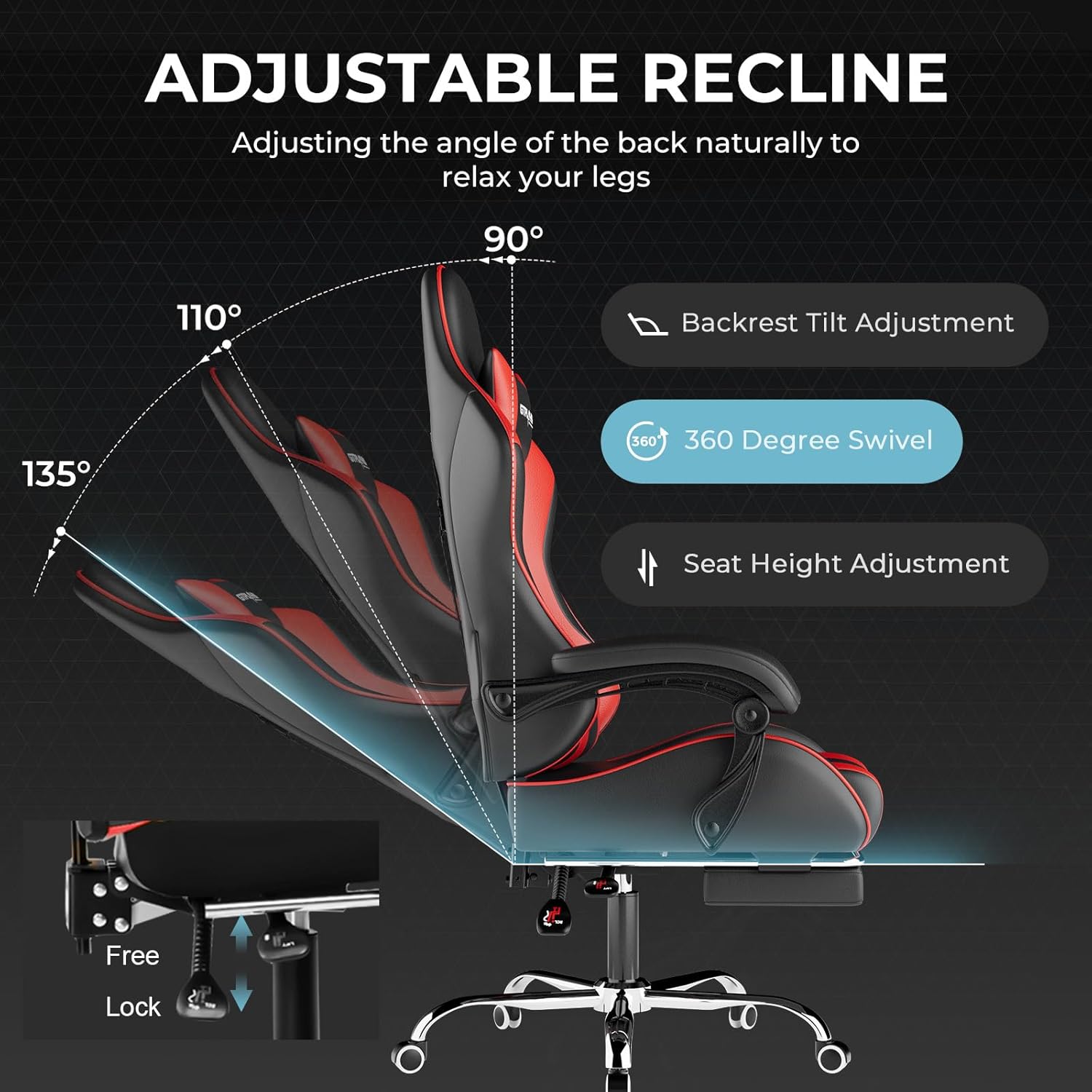 Height Adjustable Gaming Chair With Footrest and Lumbar Support