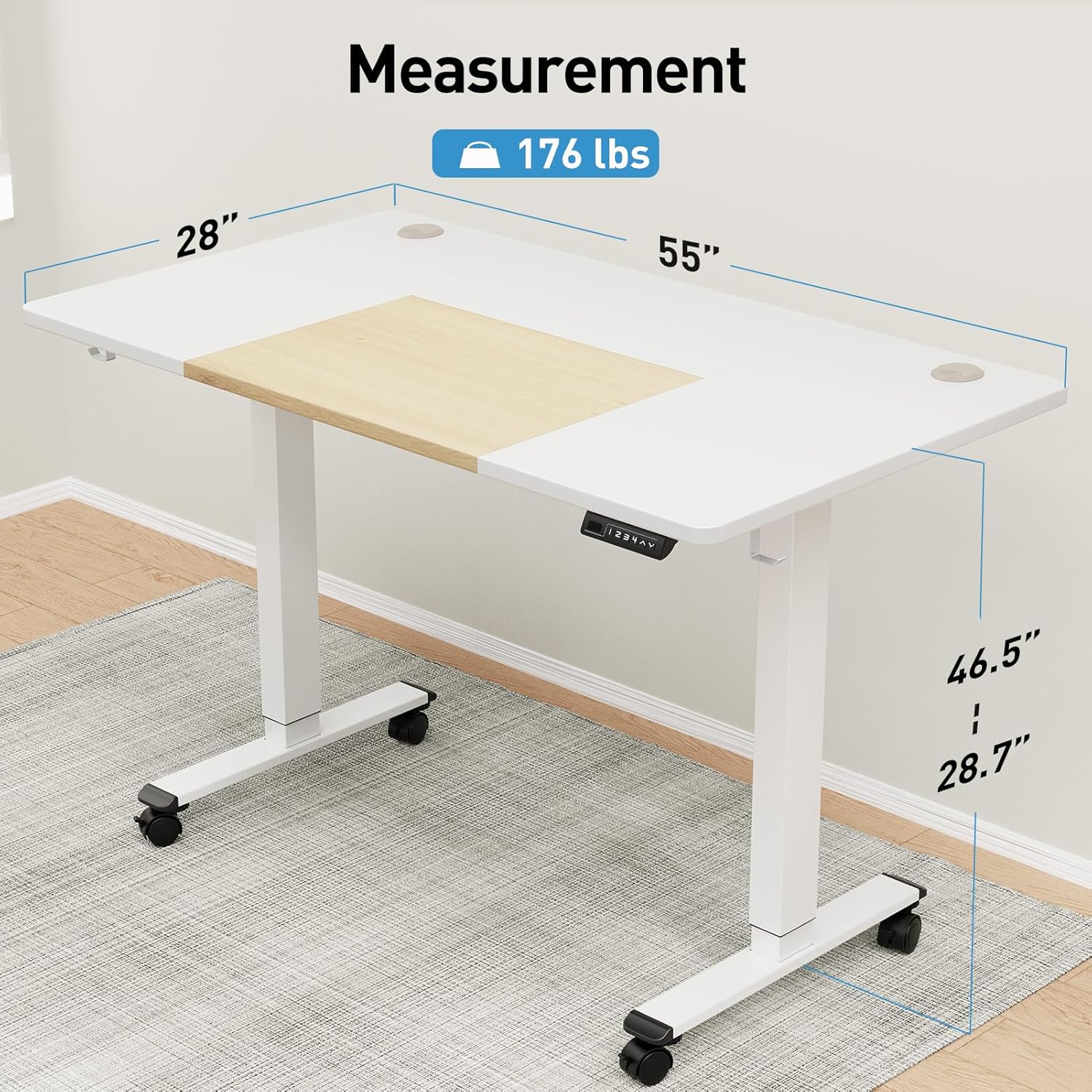 Electric Height Adjustable Standing Desk - White + light Oak