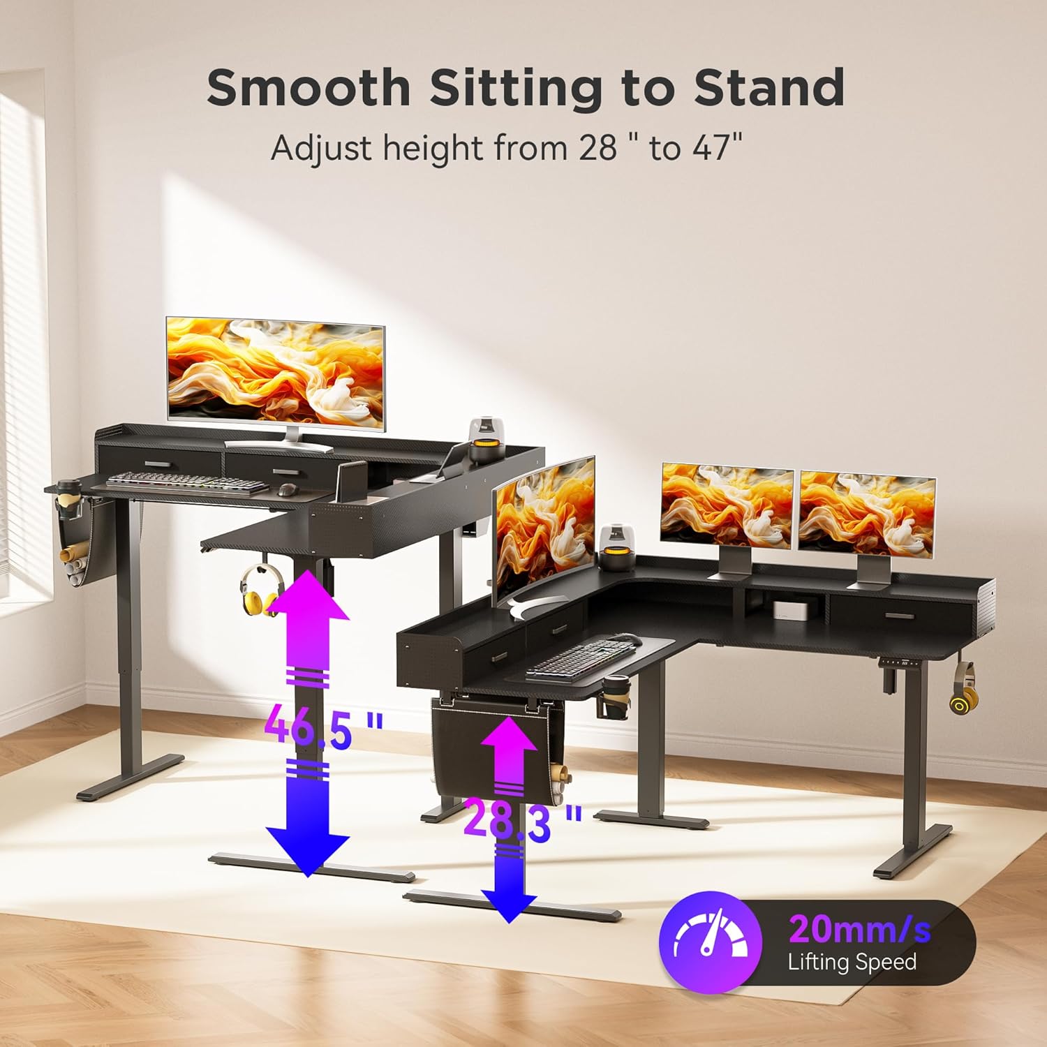 L-shape Workstation Standing Desk - Black