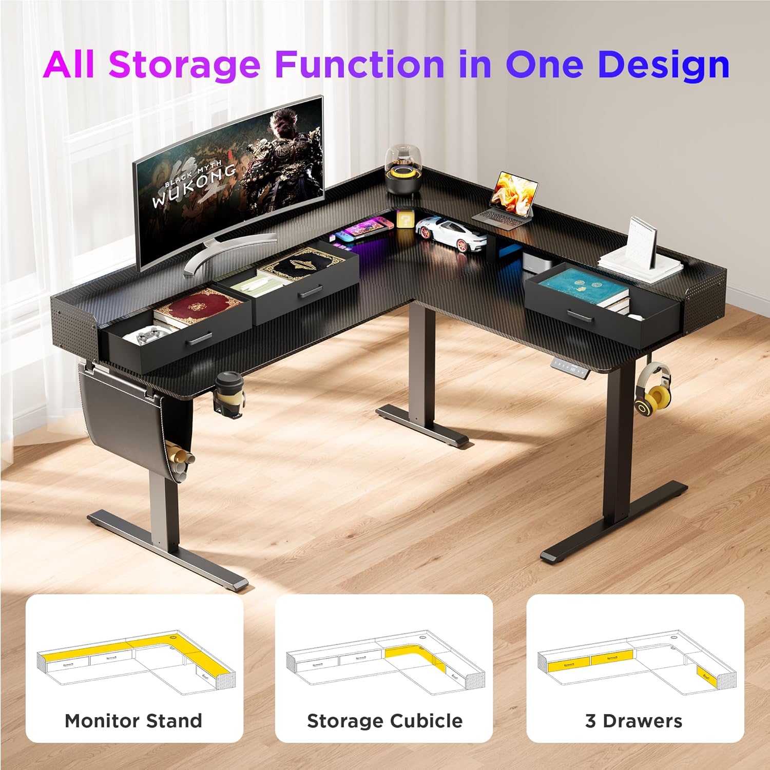 L-shape Workstation Standing Desk - Black