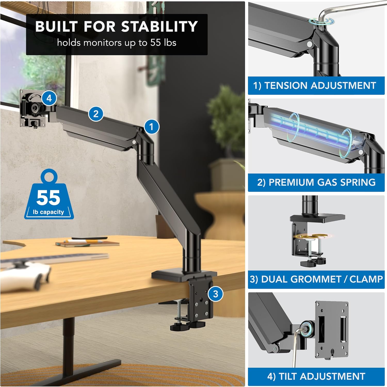 Full Motion Gas Spring Heavy Duty Monitor Arm for Monitors