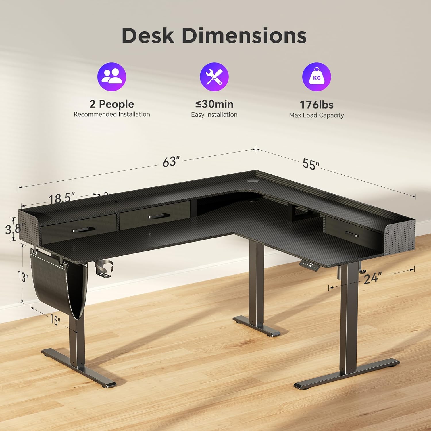 L-shape Workstation Standing Desk - Black