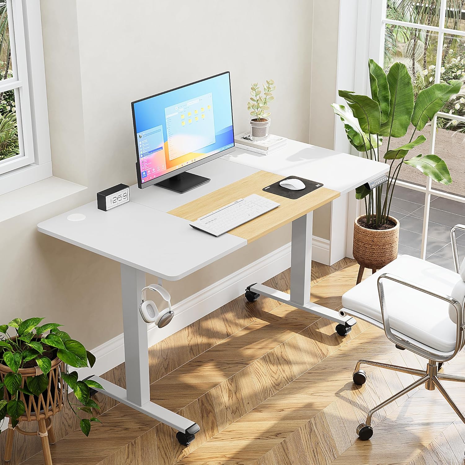 Electric Height Adjustable Standing Desk - White + light Oak